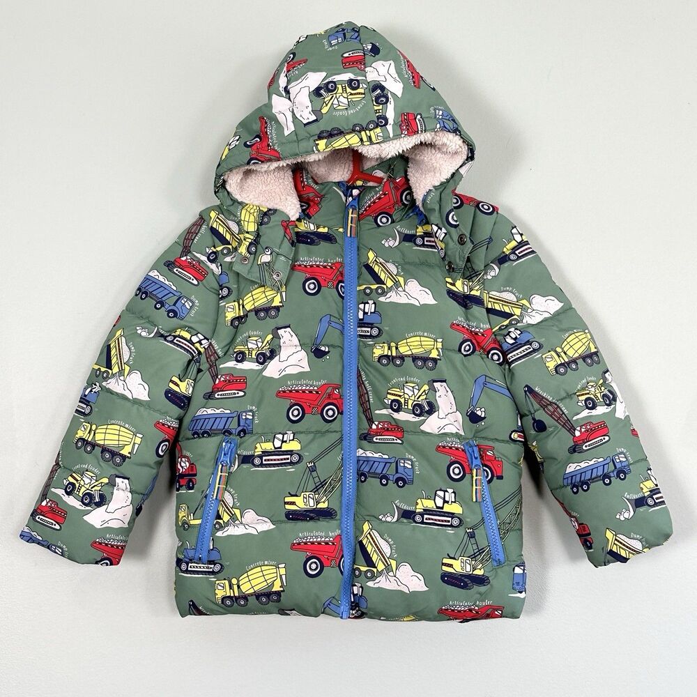 Mini Boden Construction Trucks Hooded Winter Coat Boys 5-6 Fleece Lined Puffer